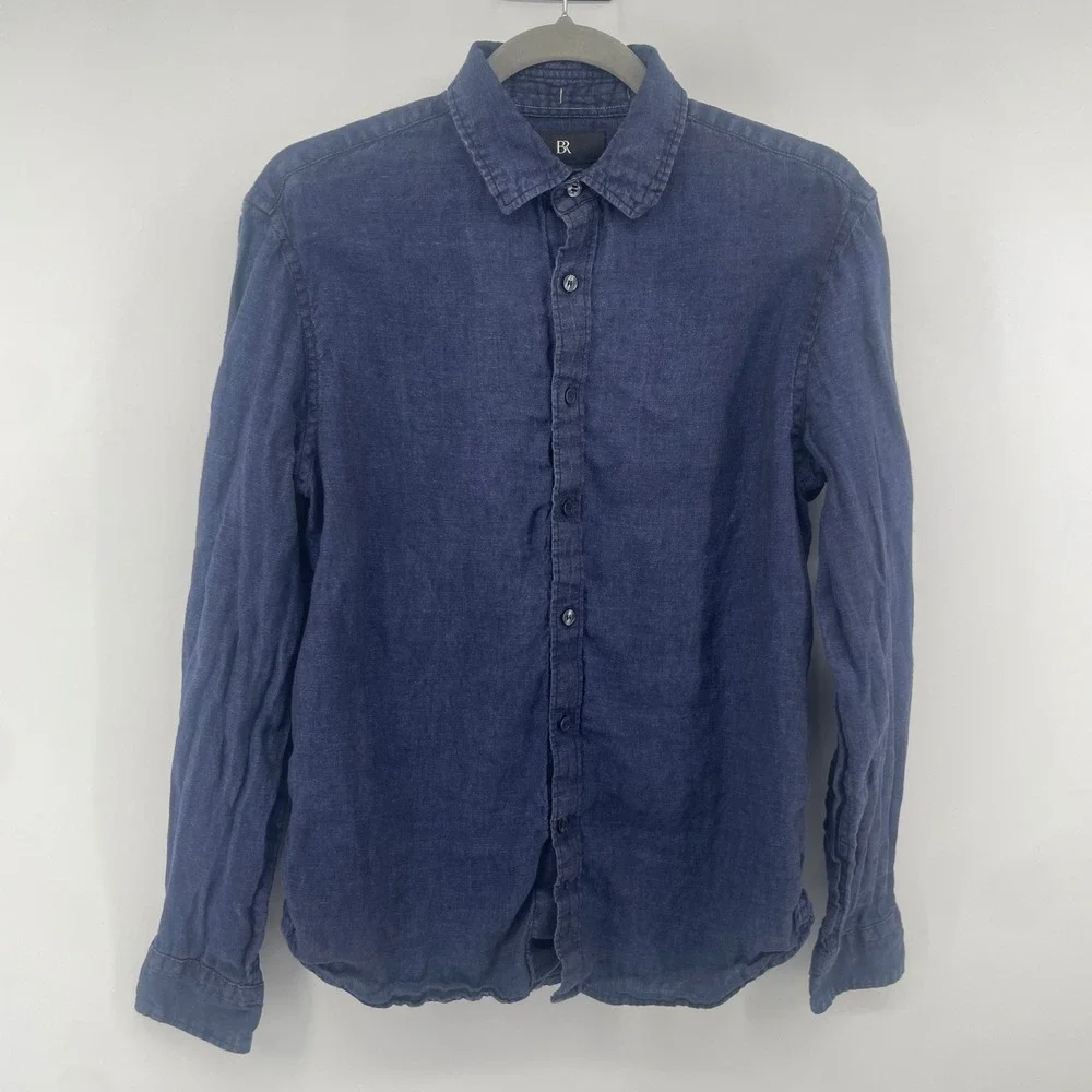 Banana Republic Button Down Mens S Navy Blue 100% Linen Standard Fit Summer